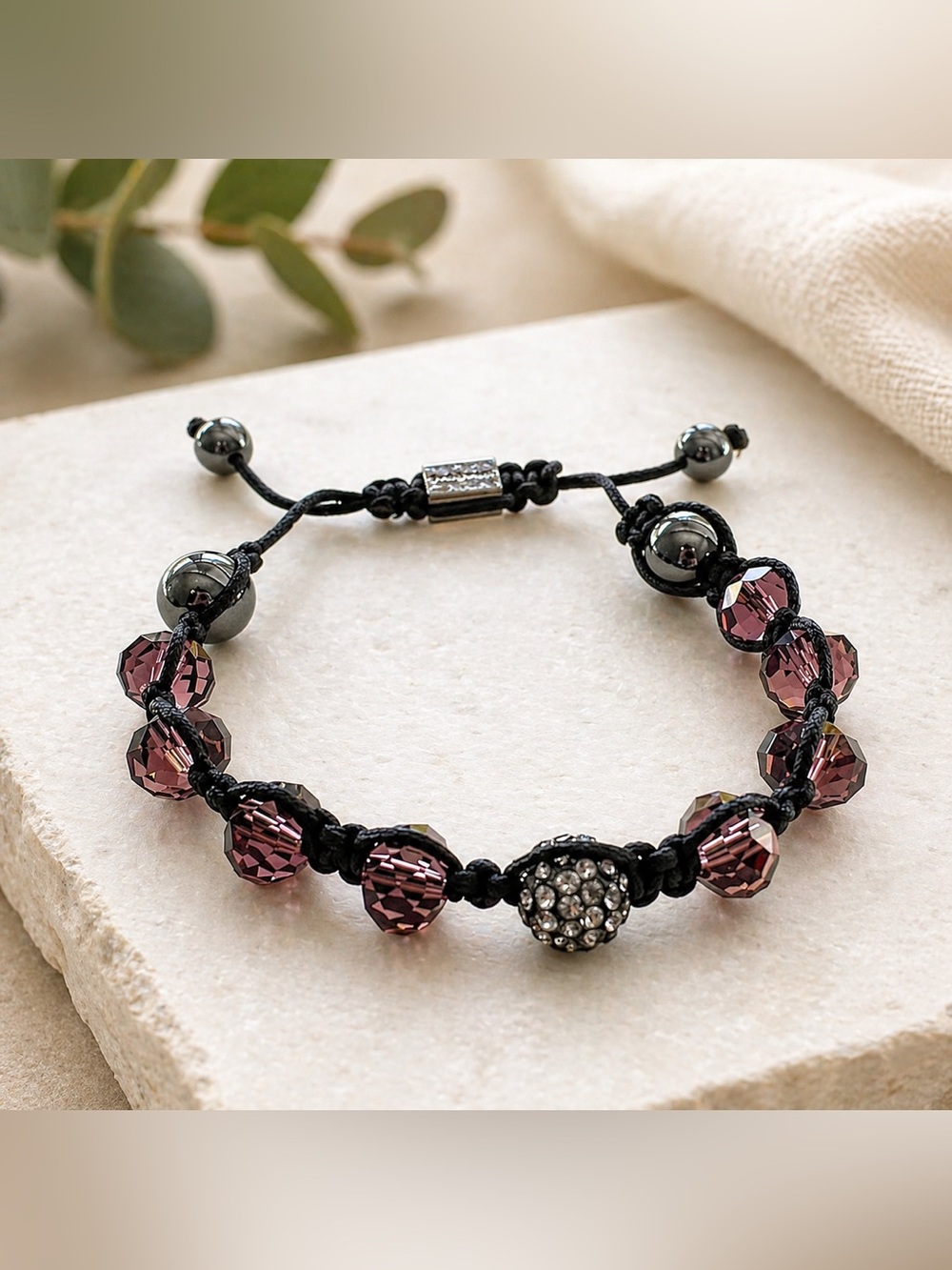 Adjustable Beaded Bracelet | Pink Faceted Crystals + Hematite | Boho Chic